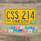 A single original 1974-1986 Oregonplates plate #CSS 214 with optional year stickers.